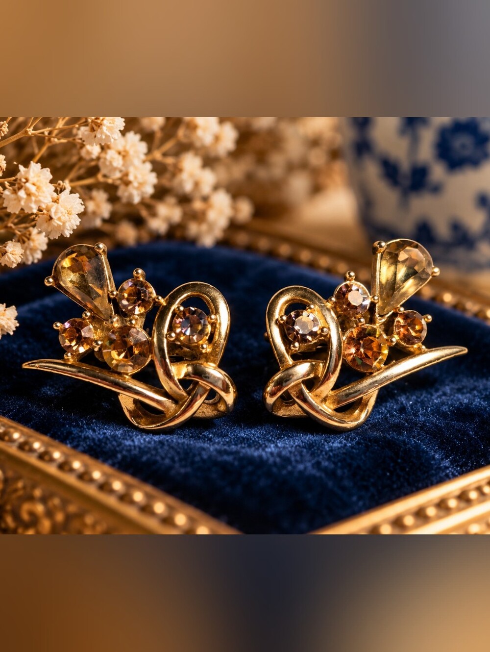 Vintage CORO Rhinestone Floral Spray Clip-On Earrings – Amber & Smoky Topaz